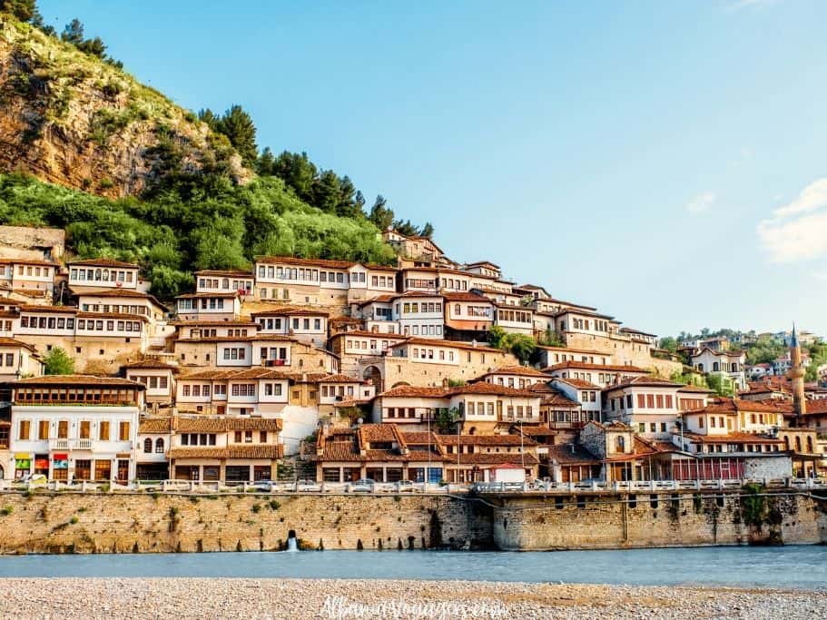view of Berat with blue sky and Osum River, one of the best places in Albania