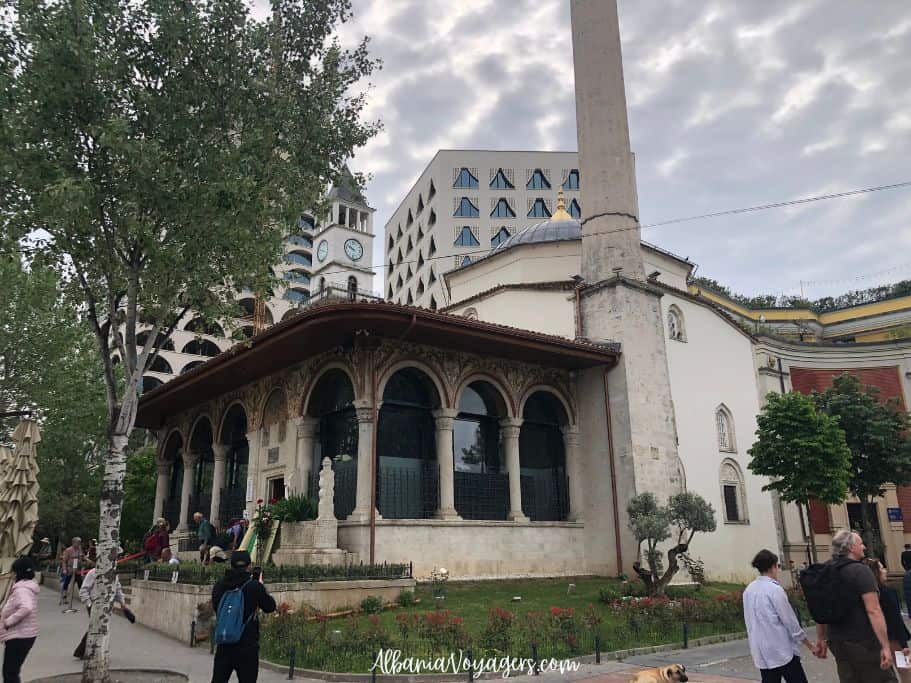 Et'hem Bey Mosque exterior with the Clock Tower in the background