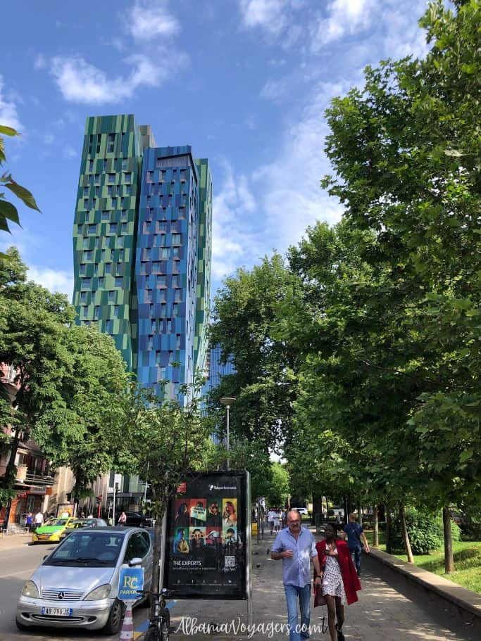 city view of tall building towers in Tirana