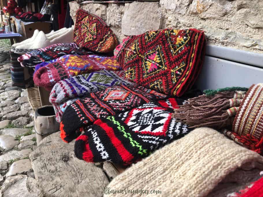 close up of woolen slippers at Kruja Bazaar