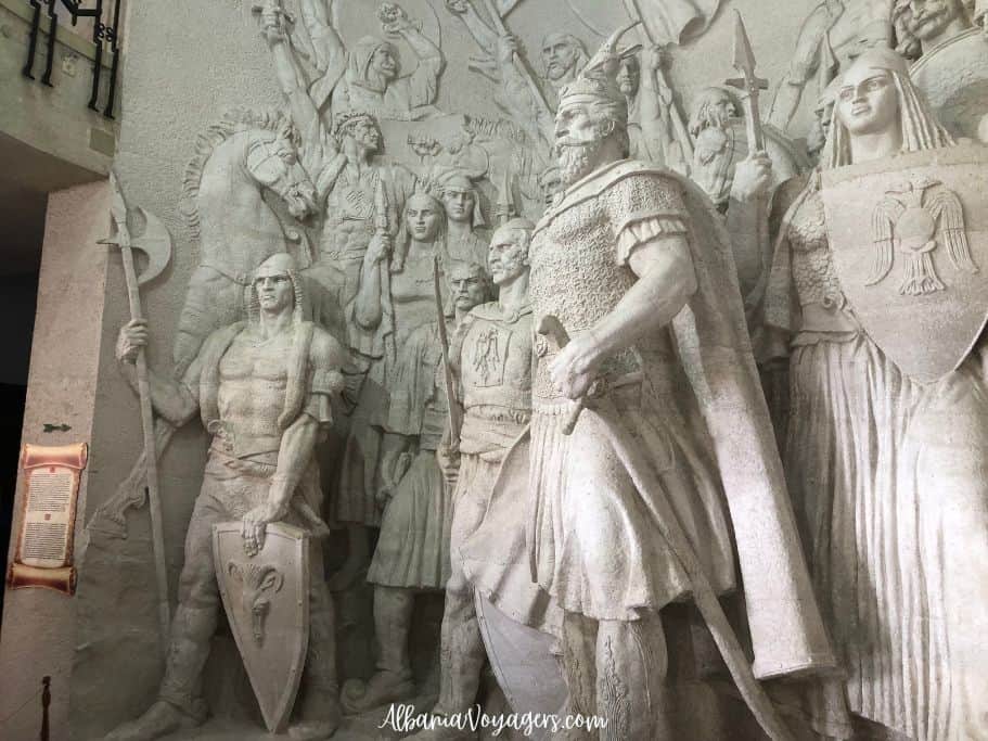sculpture relief of Skanderbeg and warriors in the Gjerge Kastrioti Museum of Kruja, Albania