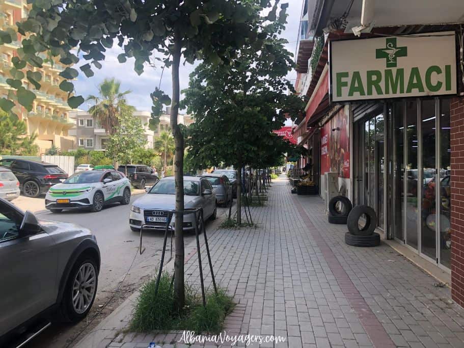 Pharmacy on main street in Golem, Albania