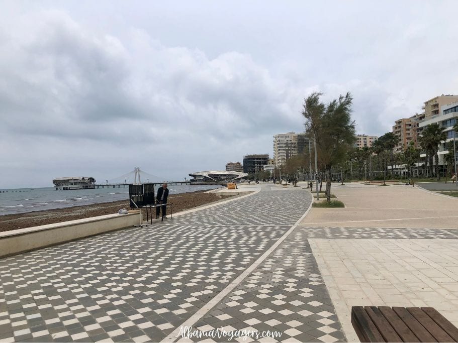 Taulantia Promenade on a cloudy and windy day in Durres