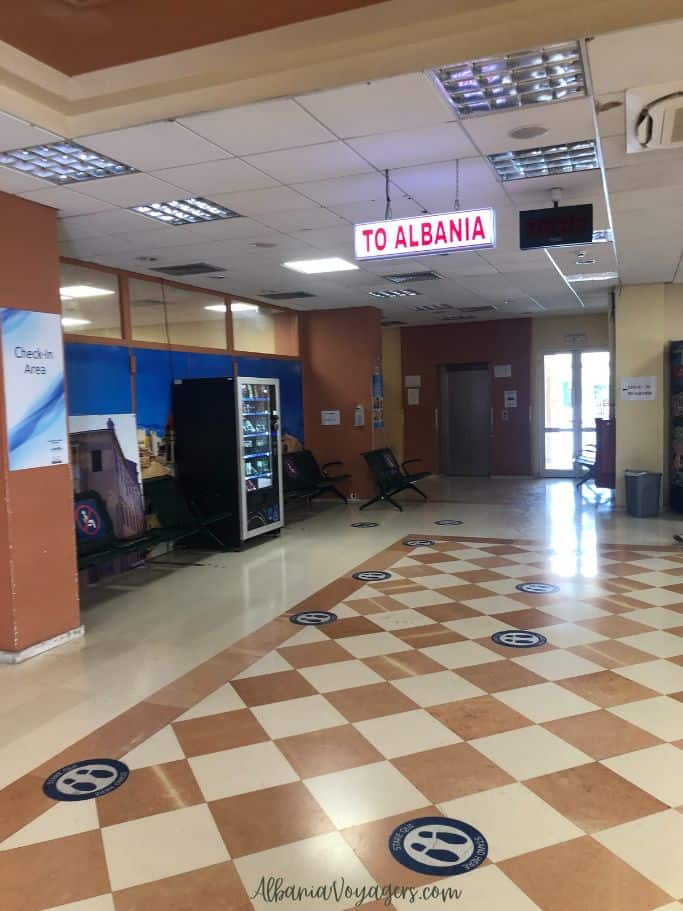 To Albania sign in Corfu Port International terminal