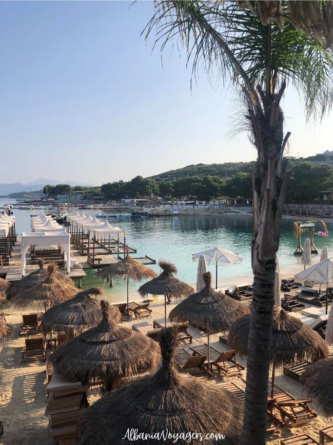 elevated view of Poda Beachwith rattan umbrellas and sea
