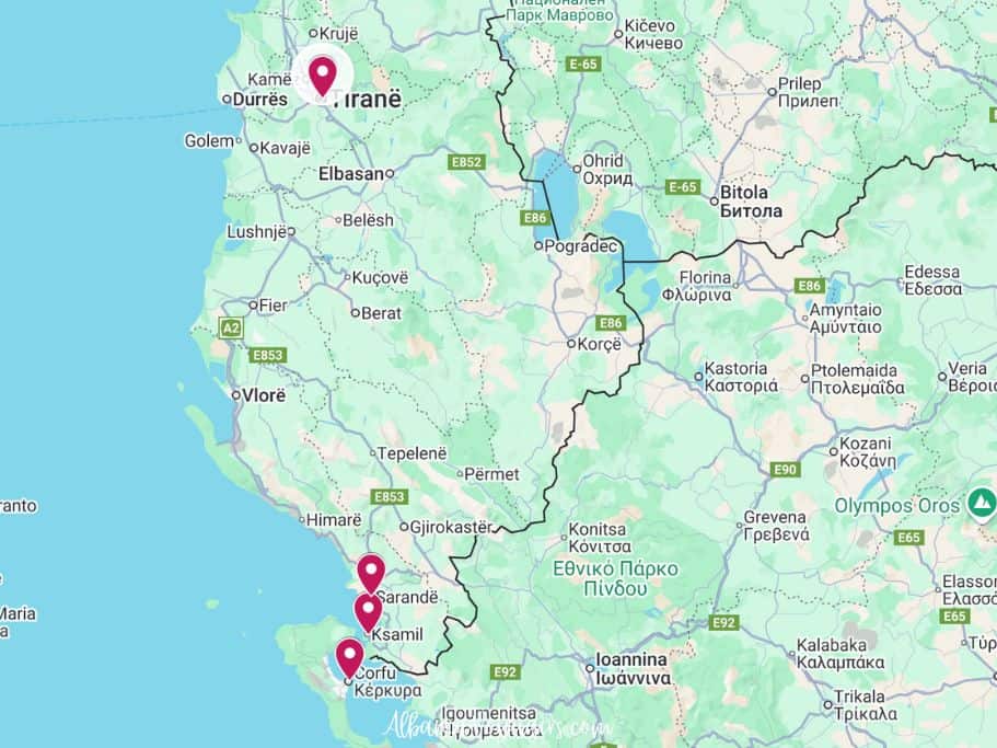 map showing Tirana, Saranda, Ksamil and Corfu, Greece