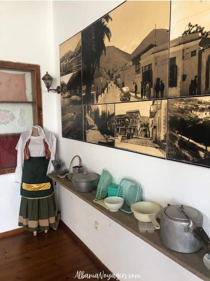 cooking utensils, traditional costume and photographs at Museum of Traditions in Saranda