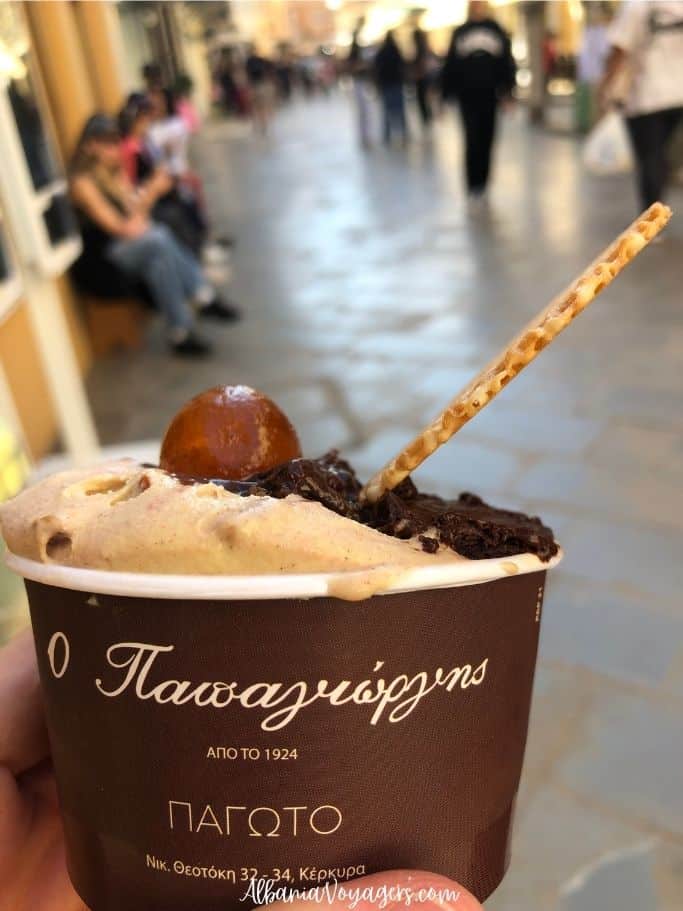 paper dish with gelato from . Papagiorgis Patiserie-Gelateria in Corfu