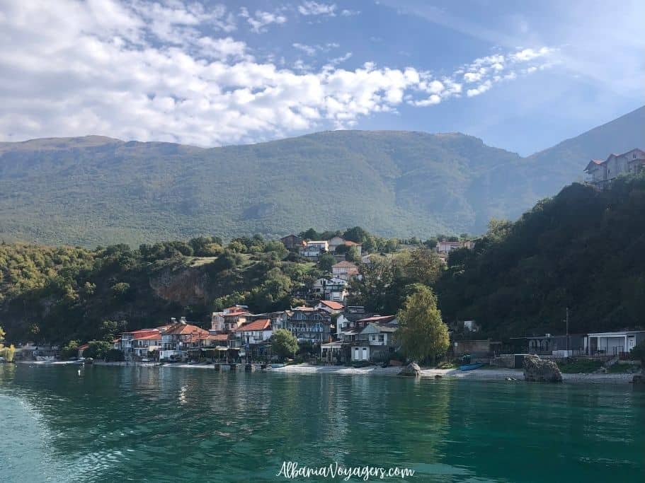 View of lake side village from the water on Lake Ohrid