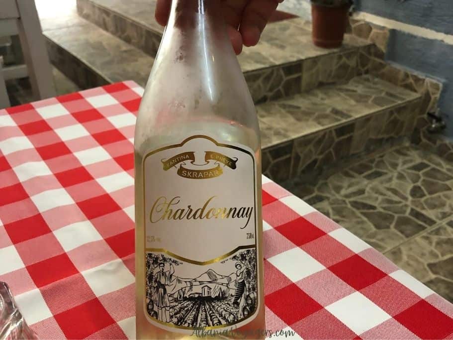 close up of a bottle of chardonnay from Kantina e Purve in Skrapar, Albania