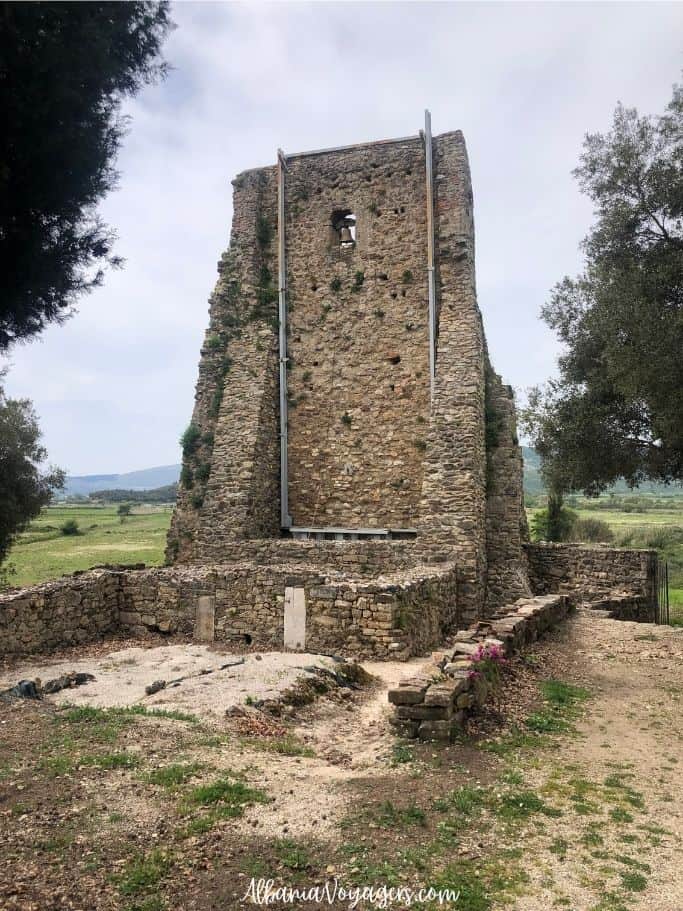ruins of stone bell tower at Monastery of St Nikolas near Saranda