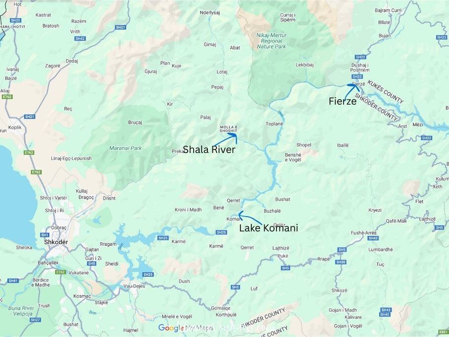 Map of Drin River in Albania