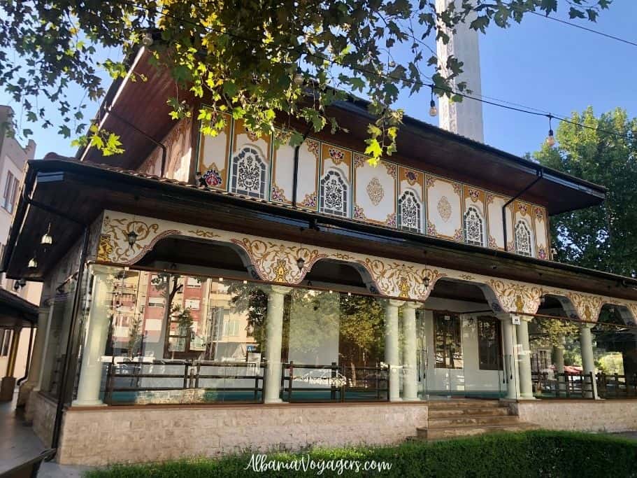 exterior of Xhamia e Medrese in Shkoder with floral motif frescoes