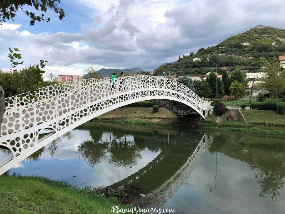 white bridge crossing Drin River in Lezhe