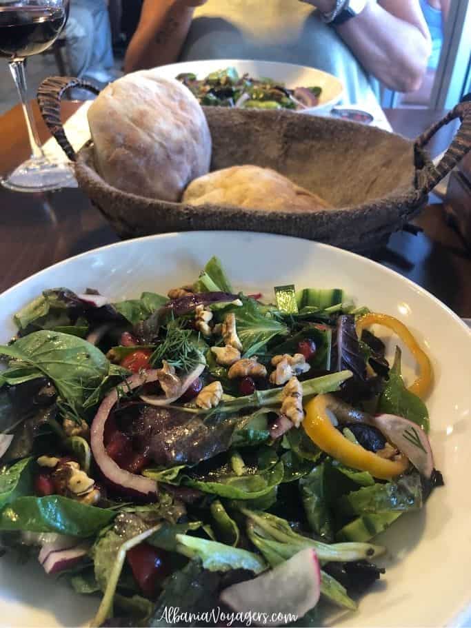 mixed salad and basket of bread at Fisi Restaurant in Shkoder