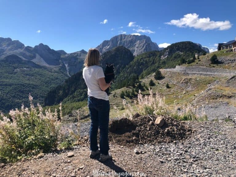 woman in white t-shirt holding small black dog looking over the mountains with blue sky