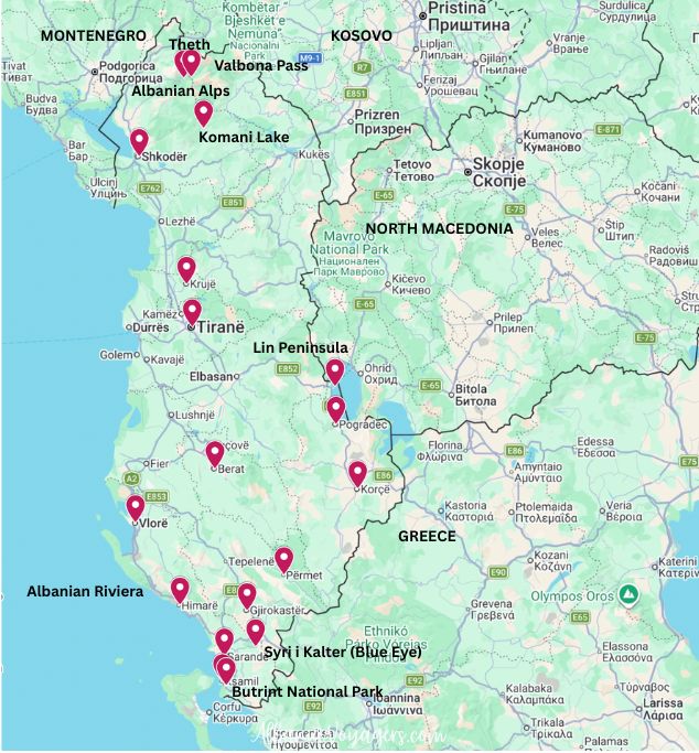Map of Albania with best places to visit market
