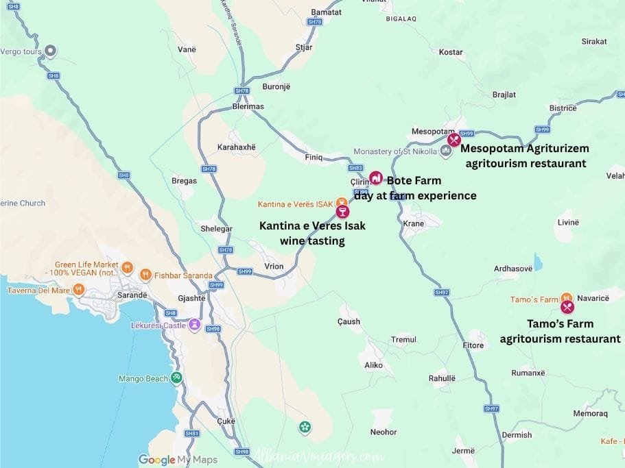 map showing locations of agritourism places near Saranda