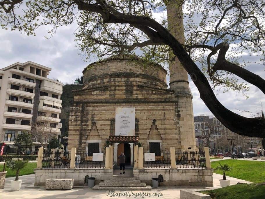 exterior full view of Muradie Mosque in Vlore with cloudy sky