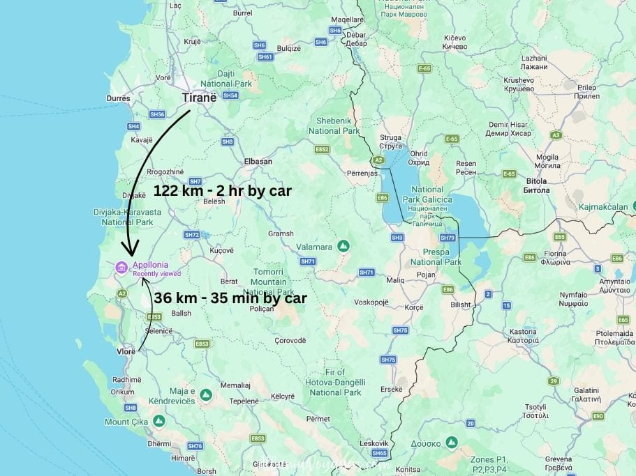 map of Albania showing Apollonia and distance from Tirana and Vlore