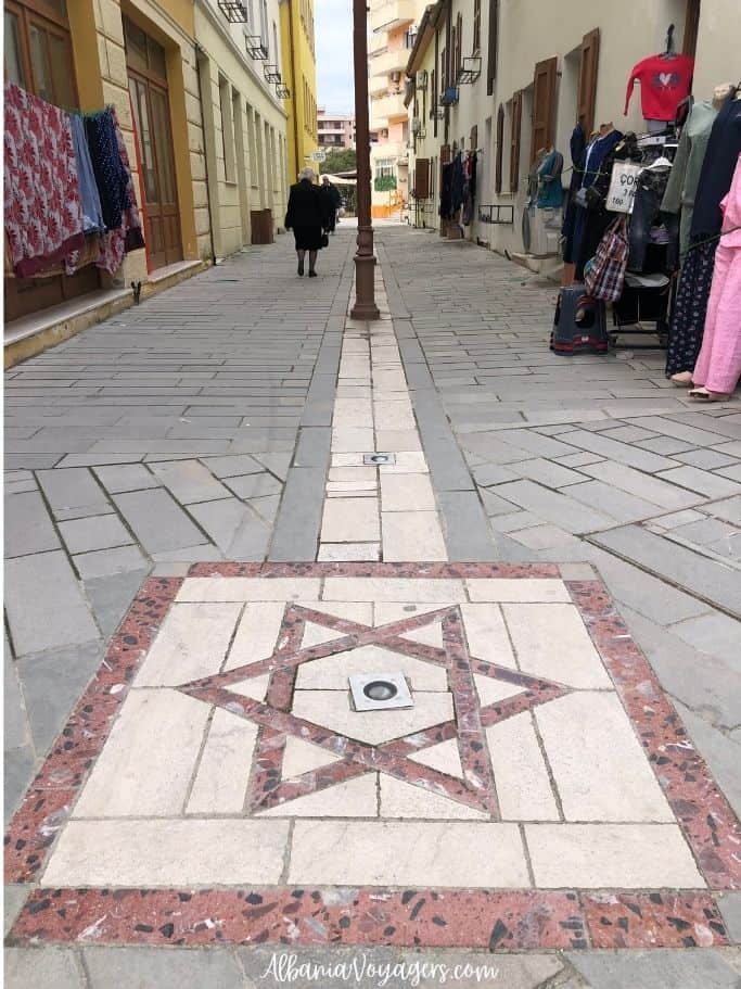 Jewish Street in Vlore Old Town with Star of David tiled into the cobblestones