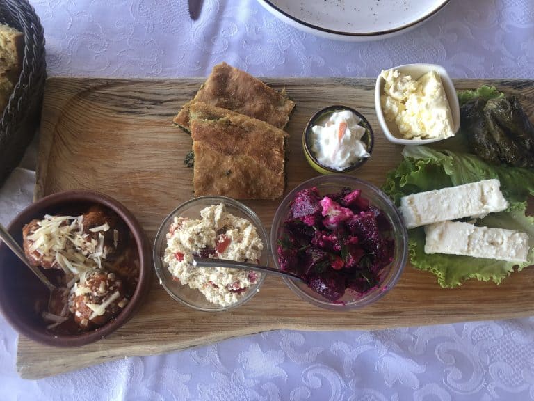 wooden board of appetizers at Alpeta Agrotourism & Winery