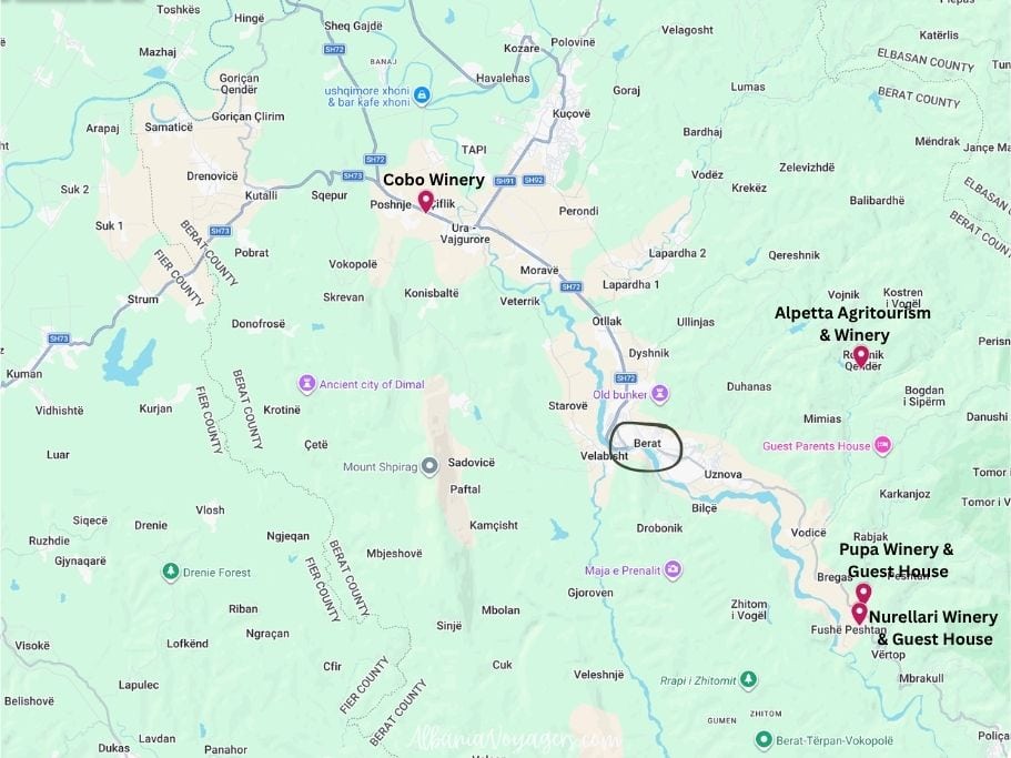 map of area around Berat showing 4 wineries for wine tastings