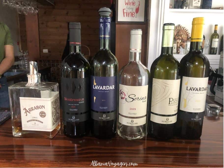 5 bottles of wine and 1 bottle of raki at our wine tasting at Nurellari Winery near Berat