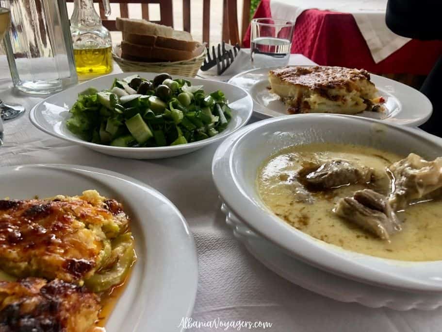 table full of food at Te Culi in Permet, the best slow food restaurant