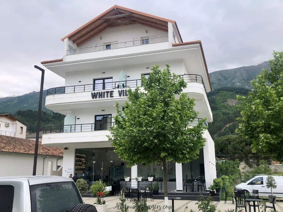 exterior full view of White Villa Hotel in Permet, near the slow food restaurants