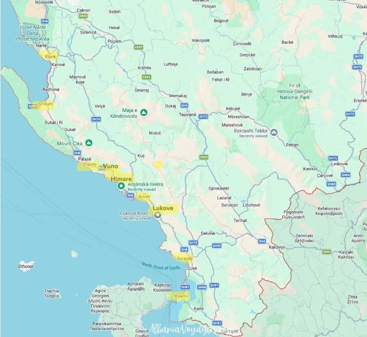 map of Albanian showing destinations worth staying at highlighted in yello