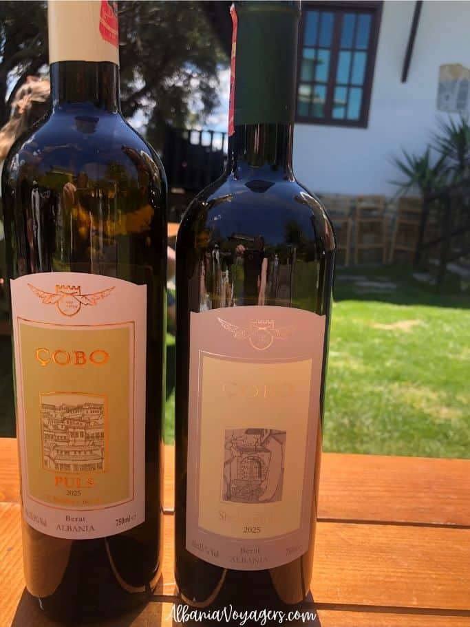 two bottles of Puls and Shesh i Bardhe on outdoor table at Cobo Winery near Berat