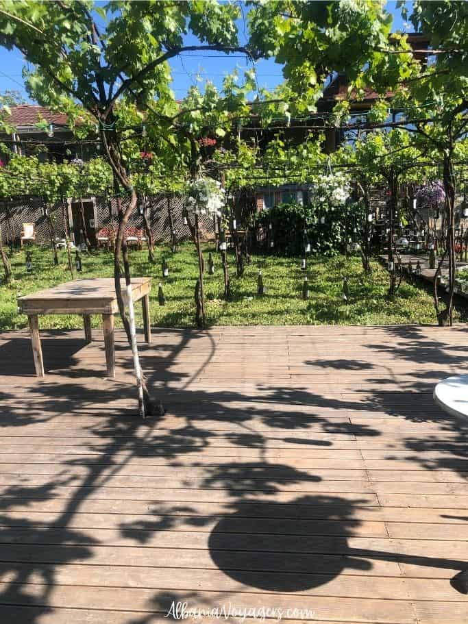 wooden tasting terrace coverd in grape vines at Alpeta Agrotourizem & Winery
