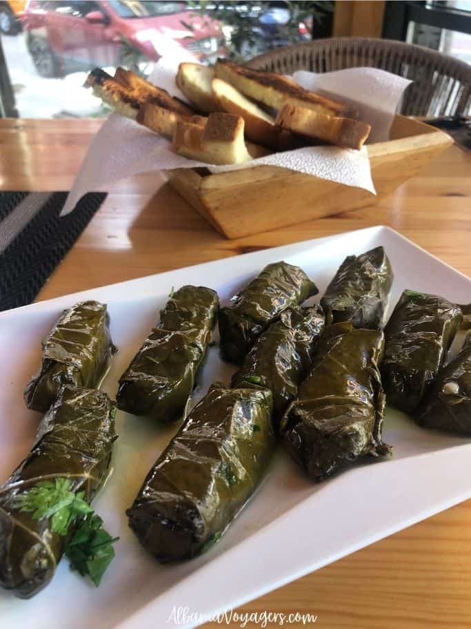 plate of stuffed vineleaves at Restorant Familjari in Permet