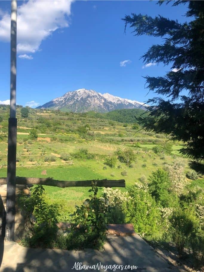 view of snow capped Mt Tomorr from Kodra e Gjelber Agrotourism dining terrace
