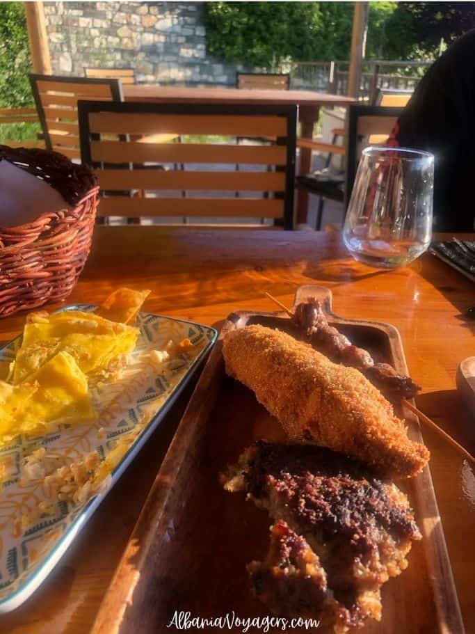 selection of byrek, vienez, meat skewer and qofte at Kodra e Gjelber Agrotourism in Albania