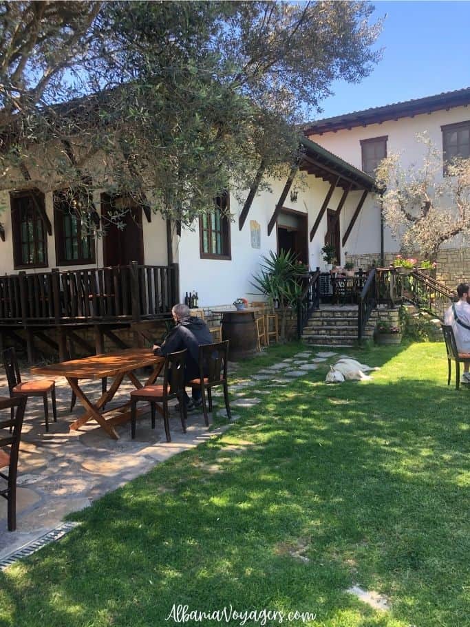 outdoor wine tasting garden at Cobo Winery near Berat