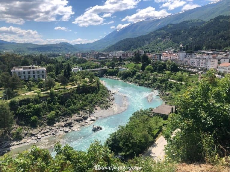 elevated view of Permet and Vjosa River
