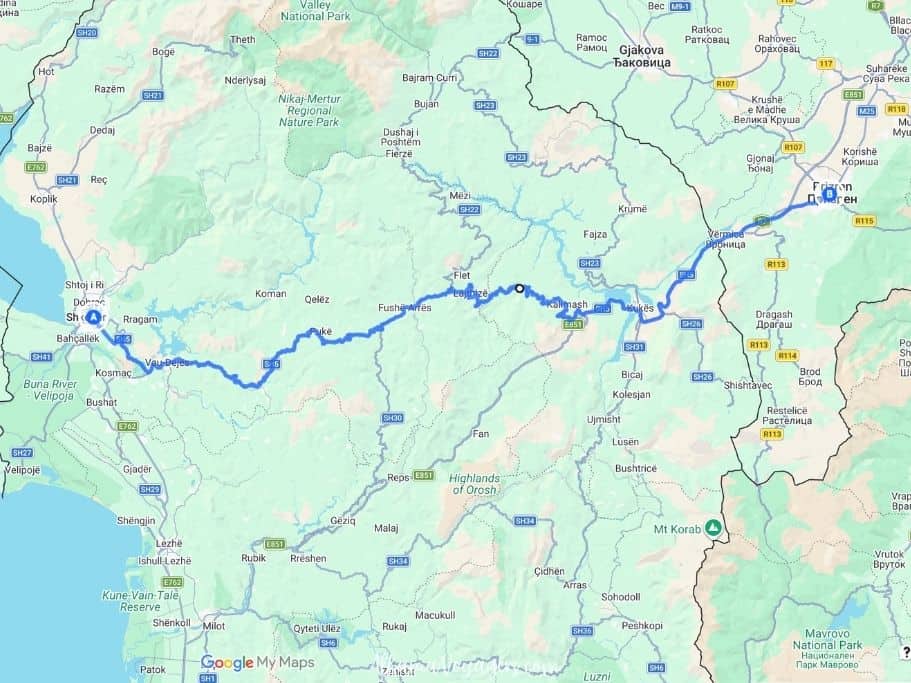 slow route from Shkoder Albania to Prizren Kosovo