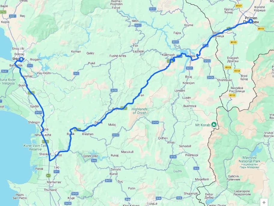 map showing toll highway route from Prizren Kosovo to Shkoder Albania