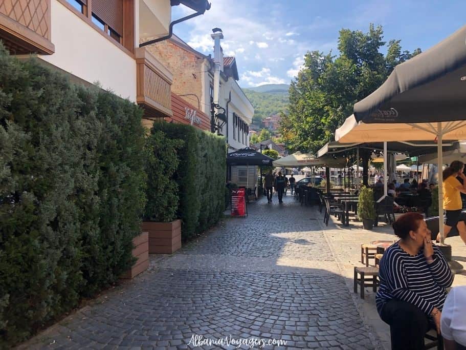 cobblestone lane lined with cafes in Prizren, Kosovo