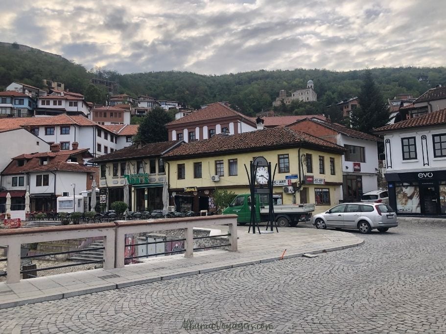 cobblestone street, shops and homes in Prizren Old Town, Kosovo